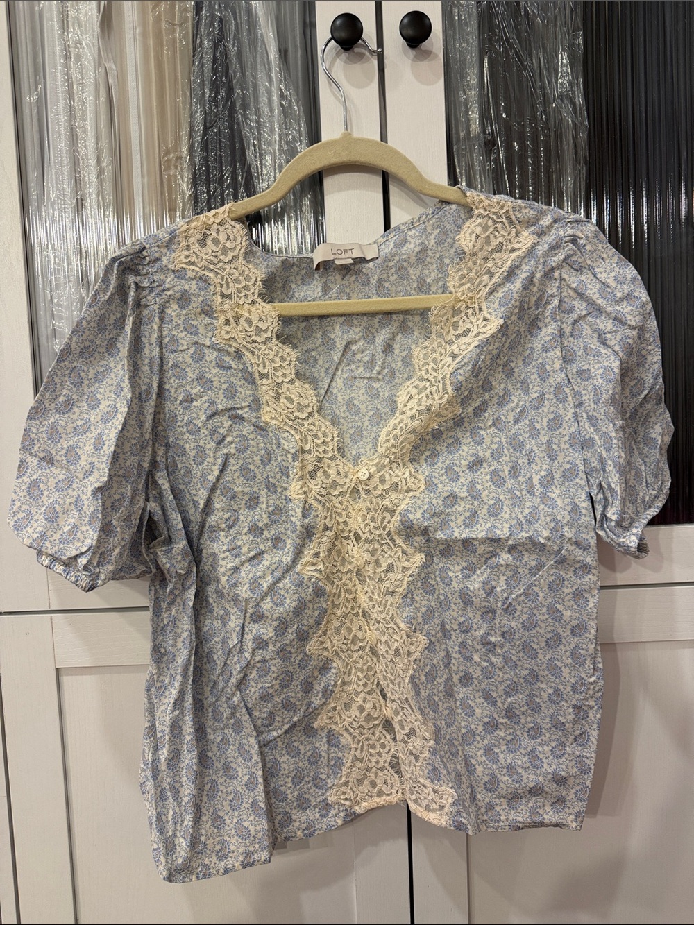 LOFT Light Blue Floral Lace-Trim V-Neck Blouse